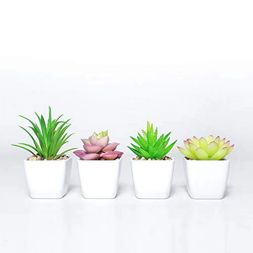 DuHouse Fake Succulents Plants Artificial Potted Faux Plant in Mini Square White Pots for Wedding Home Garden Decor Set of 4(Green)