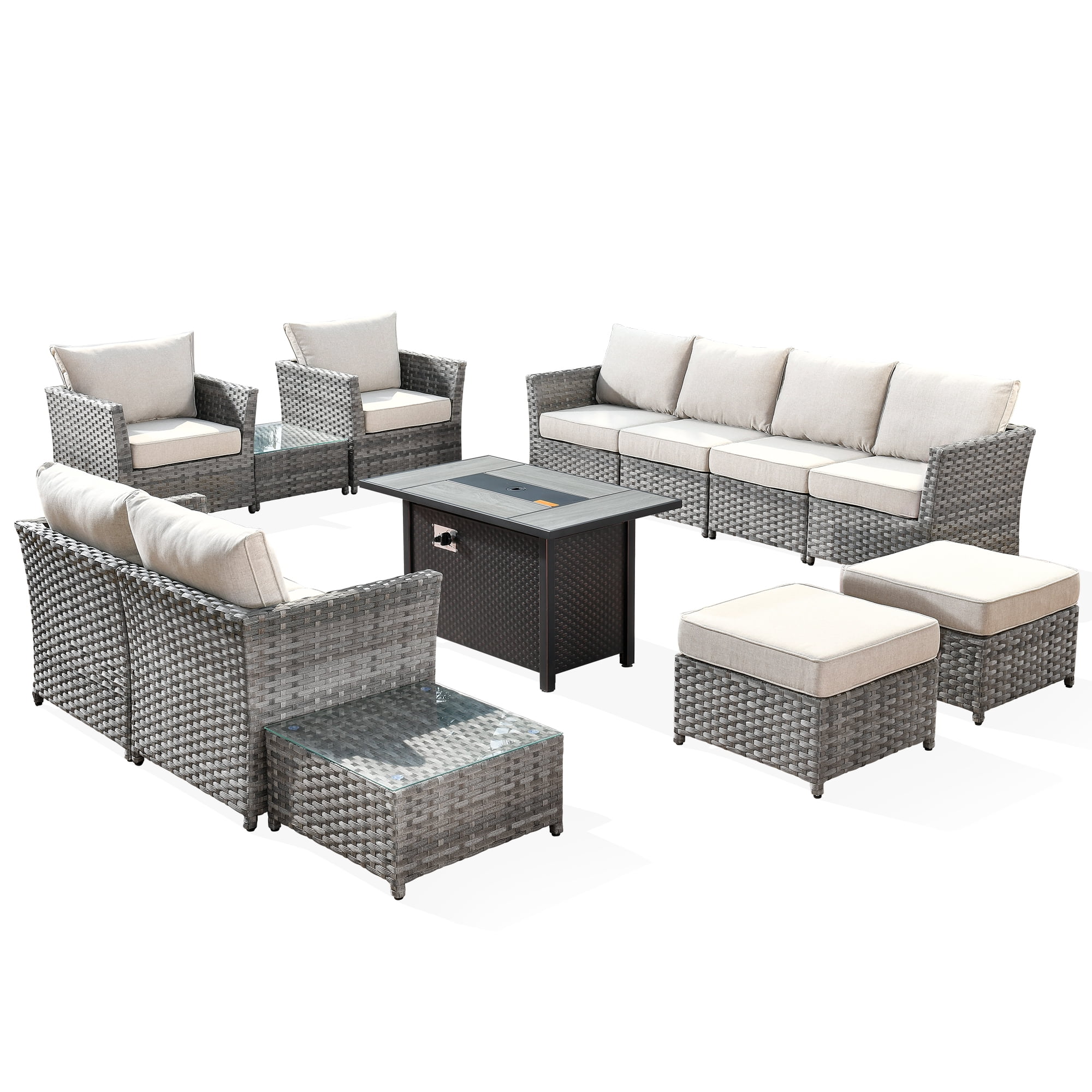 Vcatnet 13 Pieces Patio Outdoor Conversation Set All Weather Wicker Furniture Sofa Set with Fire Pit Table and Coffee Table for Garden,Backyard,Beige