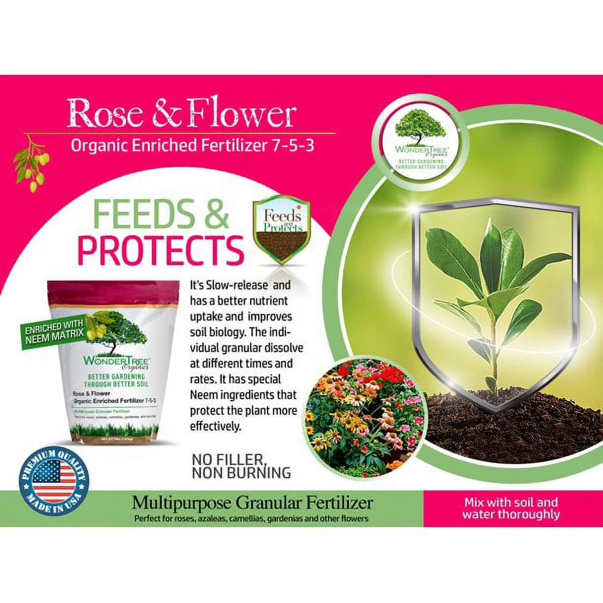 WonderTree Organics Rose & Flower Organic Enriched Fertilizer, 7-5-3, 4 lbs | Granular Rose Fertilizer
