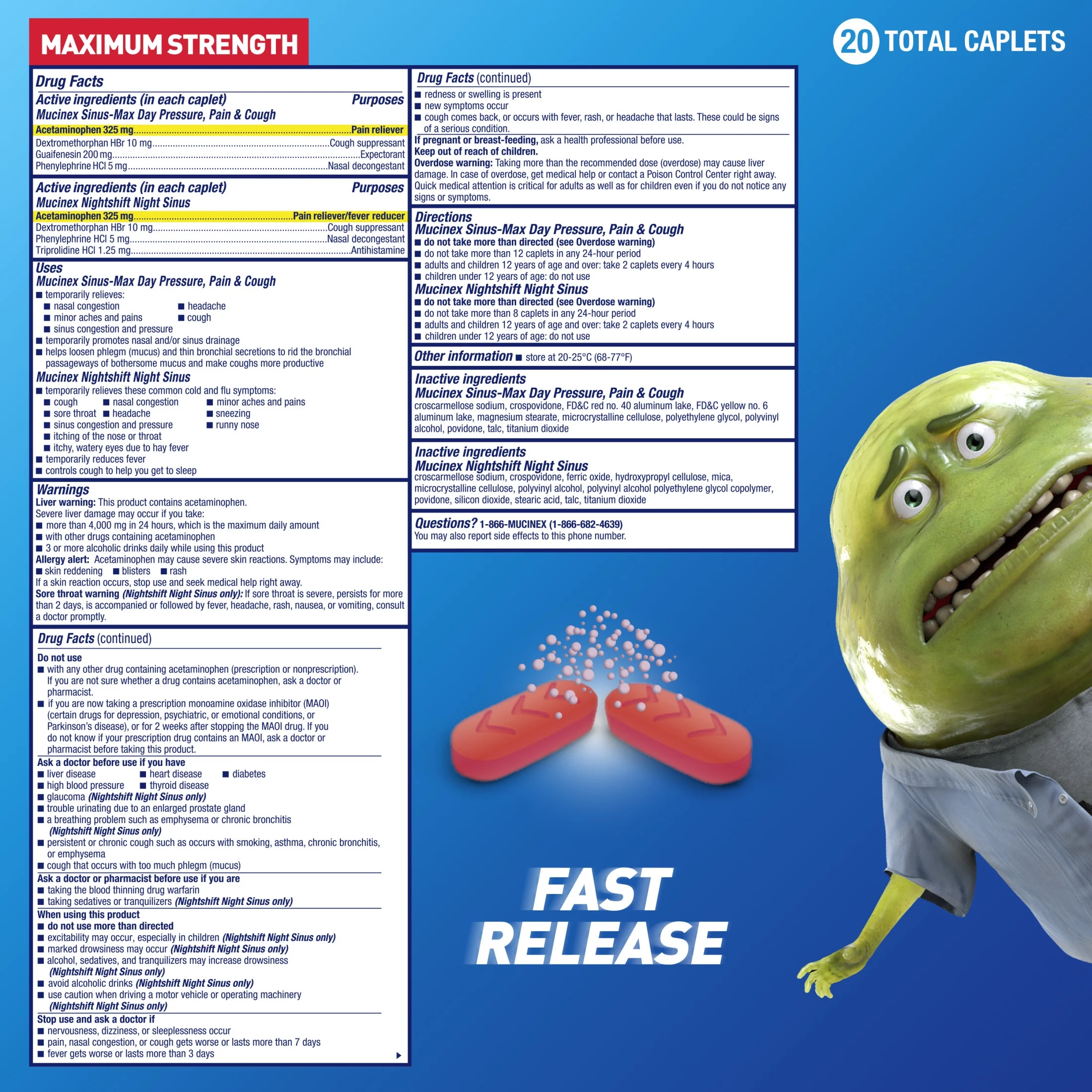 Mucinex Sinus-Max Day Pressure, Pain & Cough & Nightshift Sinus Medicine, OTC Symptom Relief, 20 Caplets