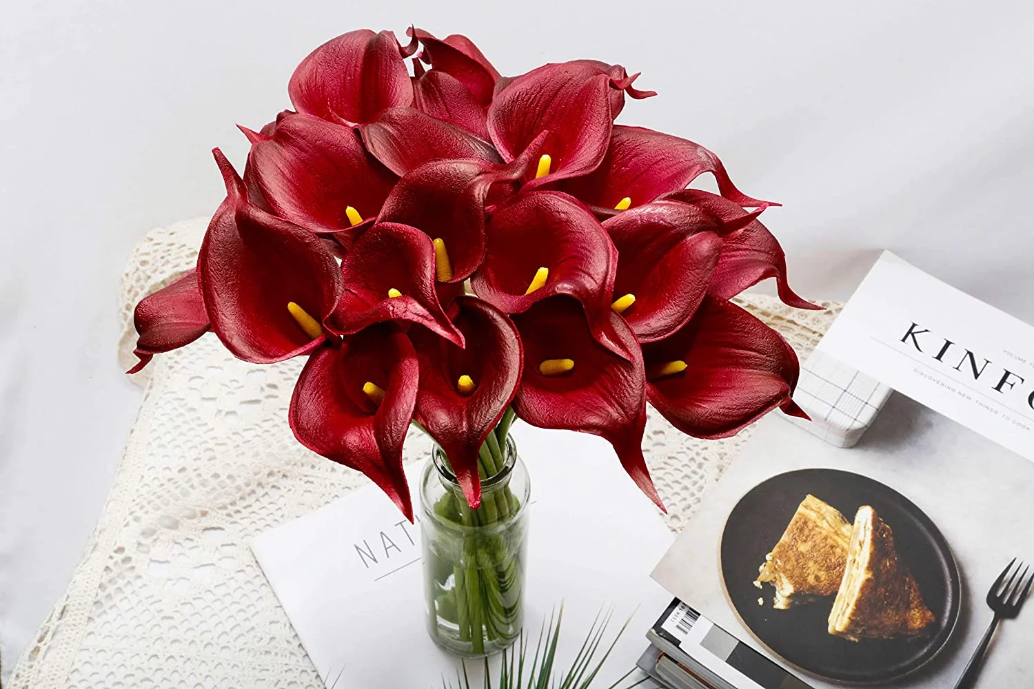 OKbus 20 Pack Artificial Flowers Calla Lilly Large Latex Fake Bouquet Soft Real Touch Long Stem Plants - Burgundy