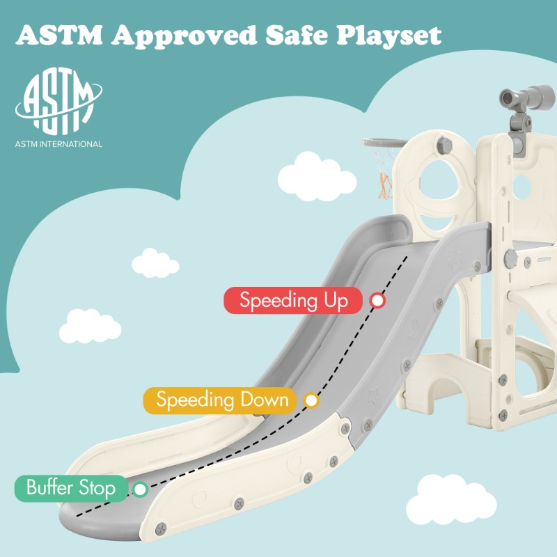 Kids Slide Toy Structure 5-in-1, Freestanding Spaceship Set with Slide, Telescope and Basketball Hoop, Toddler Golf Hole, Kids Climber Playground