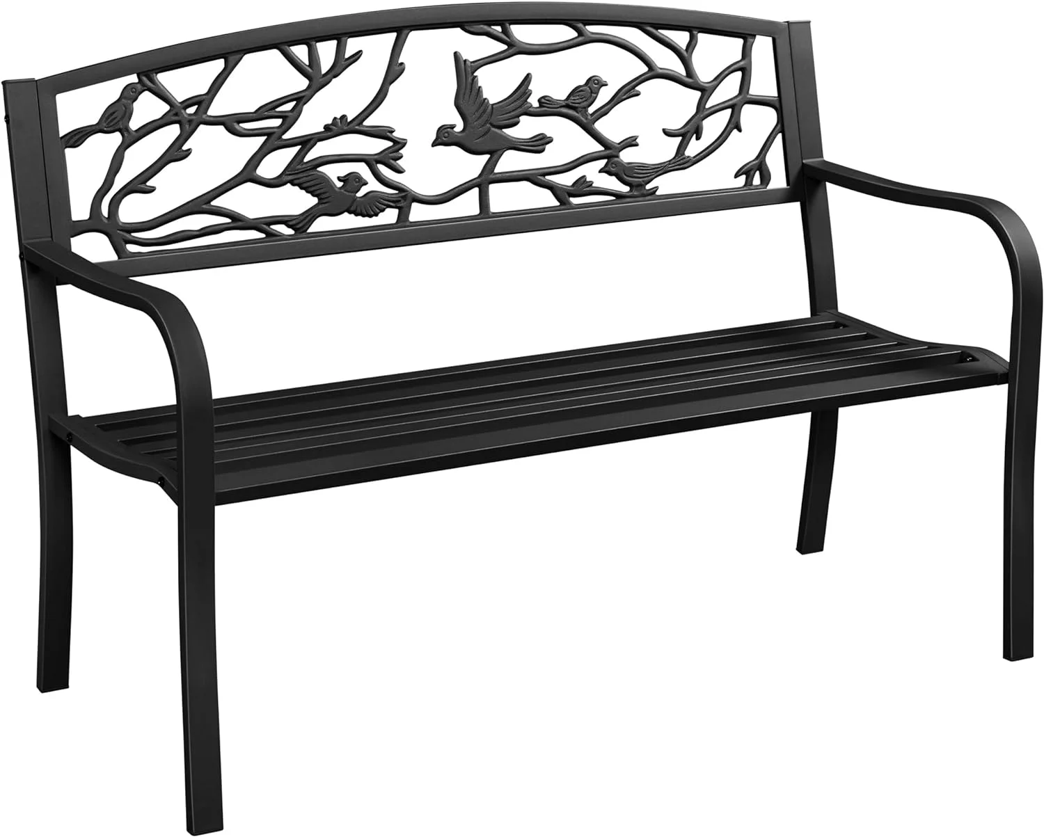 Yaheetech Outdoor Garden Bench Patio Furniture Chair Outdoor Bench with Vintage Bird Pattern Backrest, Slatted Seat, Antique Metal Bench for Yard & Porch & Park, Black
