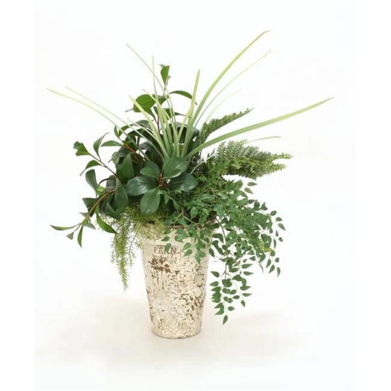 Leafy Branches & Mixed Ferns in Tall Fern Embossed Crackle Finish Clay Pot