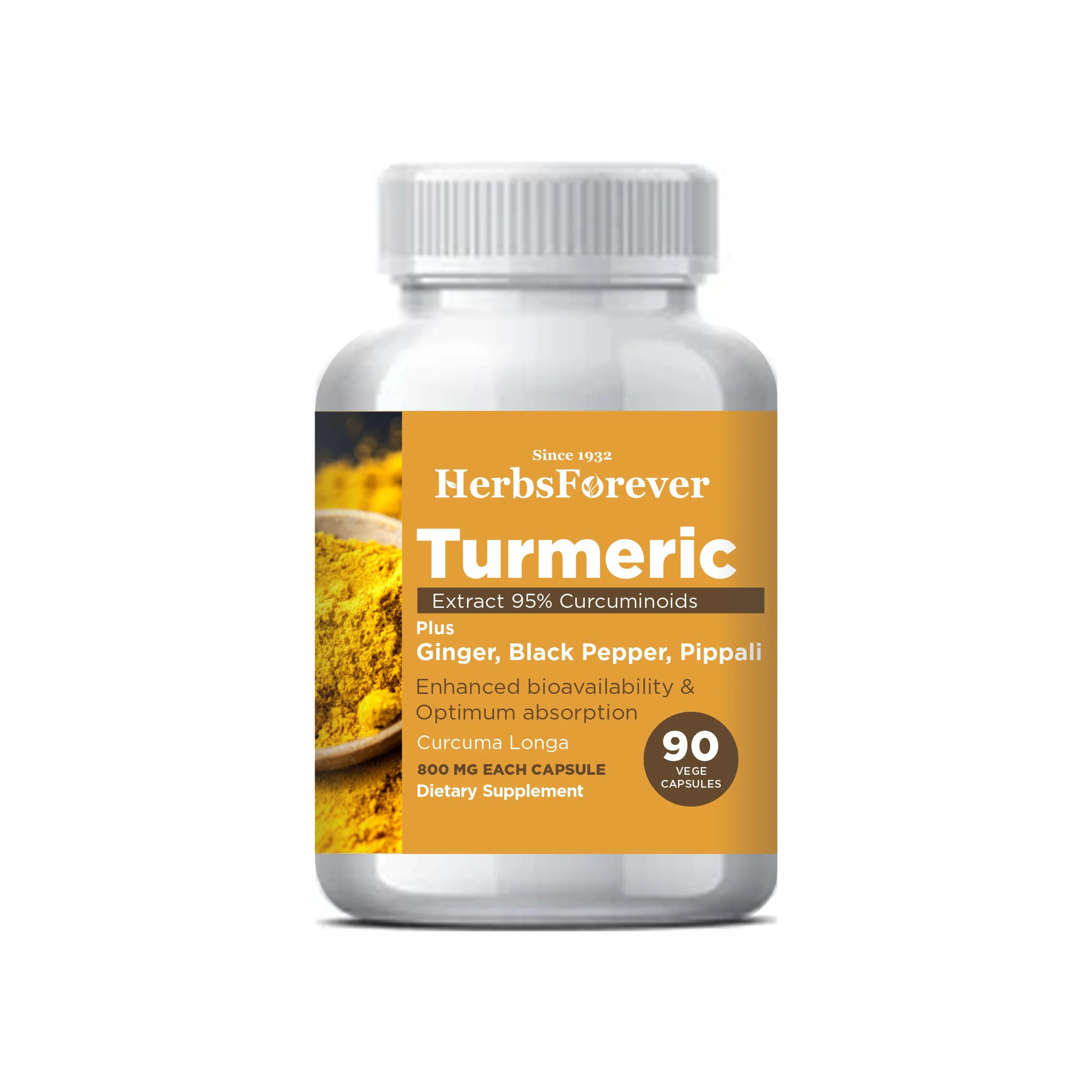 HerbsForever Turmeric with Ginger, Pippali, Black Pepper and Tulsi – 90 Vege Capsules