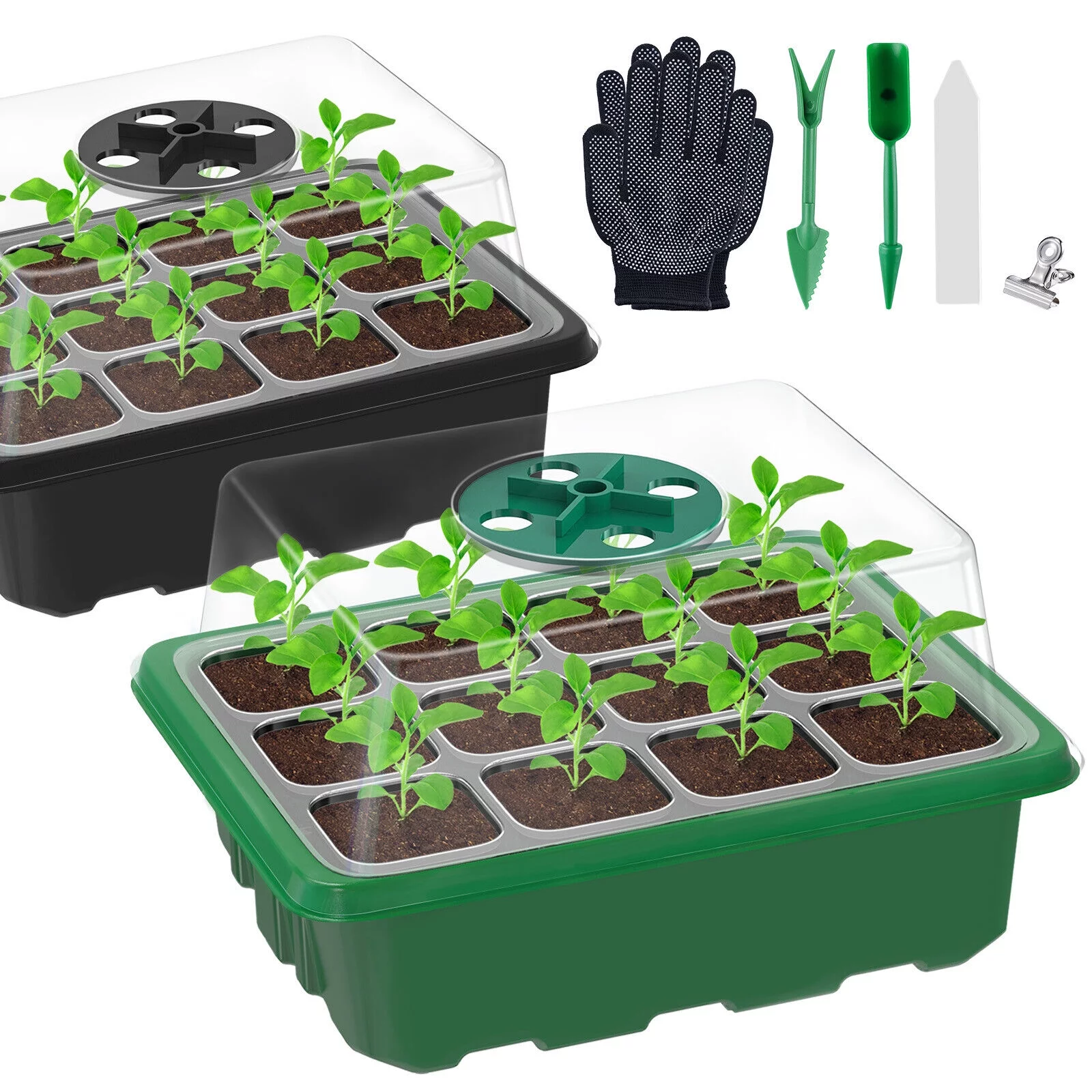 10 Set Seedling Trays Seed Starter Kit, 120 Cells Mini Propagator Plant Grow Kit with Humidity Vented Domes and Base for Seeds Starting Greenhouse (12 Cells per Tray) Black & Green