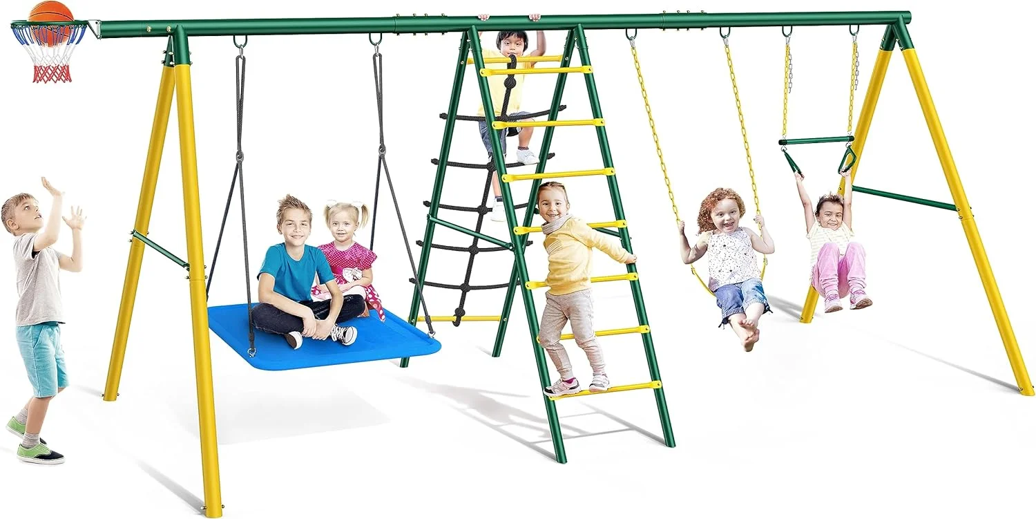 Track 7 Swing Sets for Backyard, 5 in 1 Swing Sets, Heavy-Duty Metal Swing Sets for Backyard with Swing Set,  Nest Swing, Climbing Steps and Nets, Gying Rings and Basketball Hoop