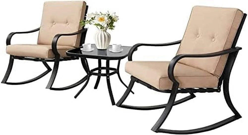 LNSETGC Outdoor 3-Piece Rocking Chairs Patio  Black Steel  with Thickened Cushion and Glass-Top Coffee Table  Grey