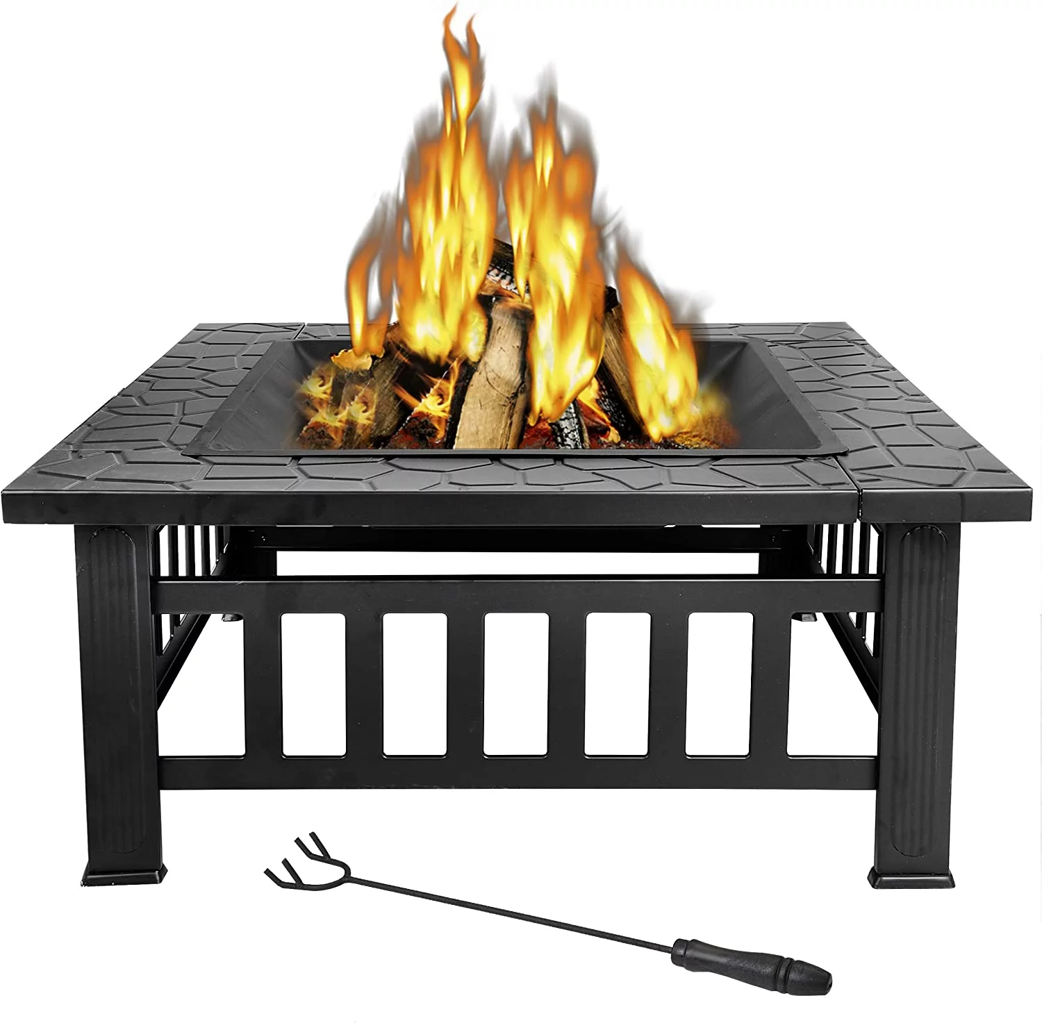 Elegant 32in Square Fire Pit Backyard Elegant Garden Stove Wood Burning Fireplace -3 in 1 BBQ Grill, Cooler, and Fire Bowl w/Large Spark Screen, Log Poker and Cover