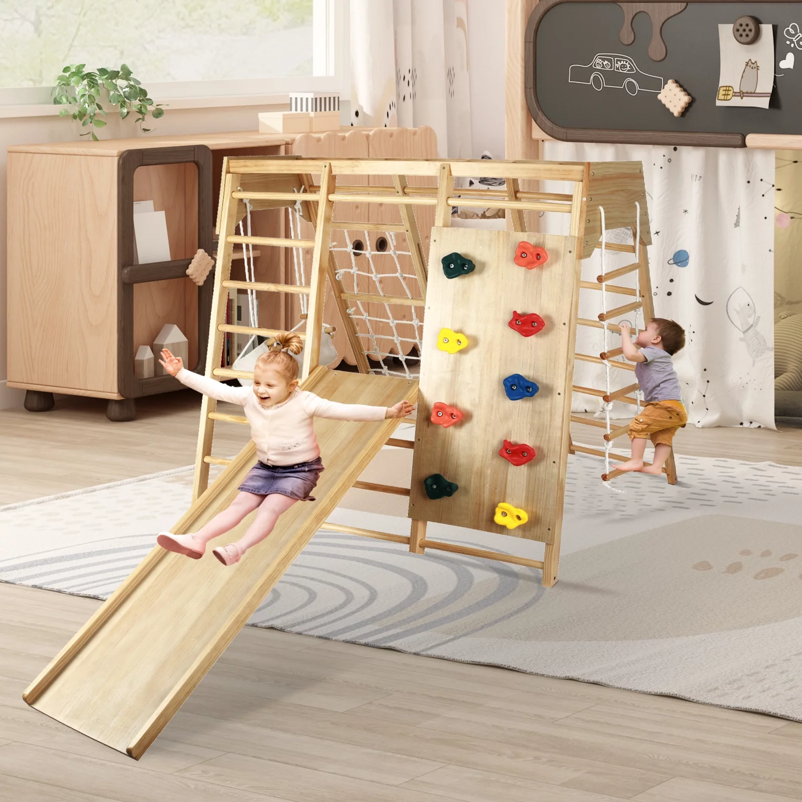 Fionafurn Indoor Outdoor 7-in-1 Kids Gym Playground Climbing Toys, with Swing, Slide, etc, Girls& Boys, Wooden, Natural