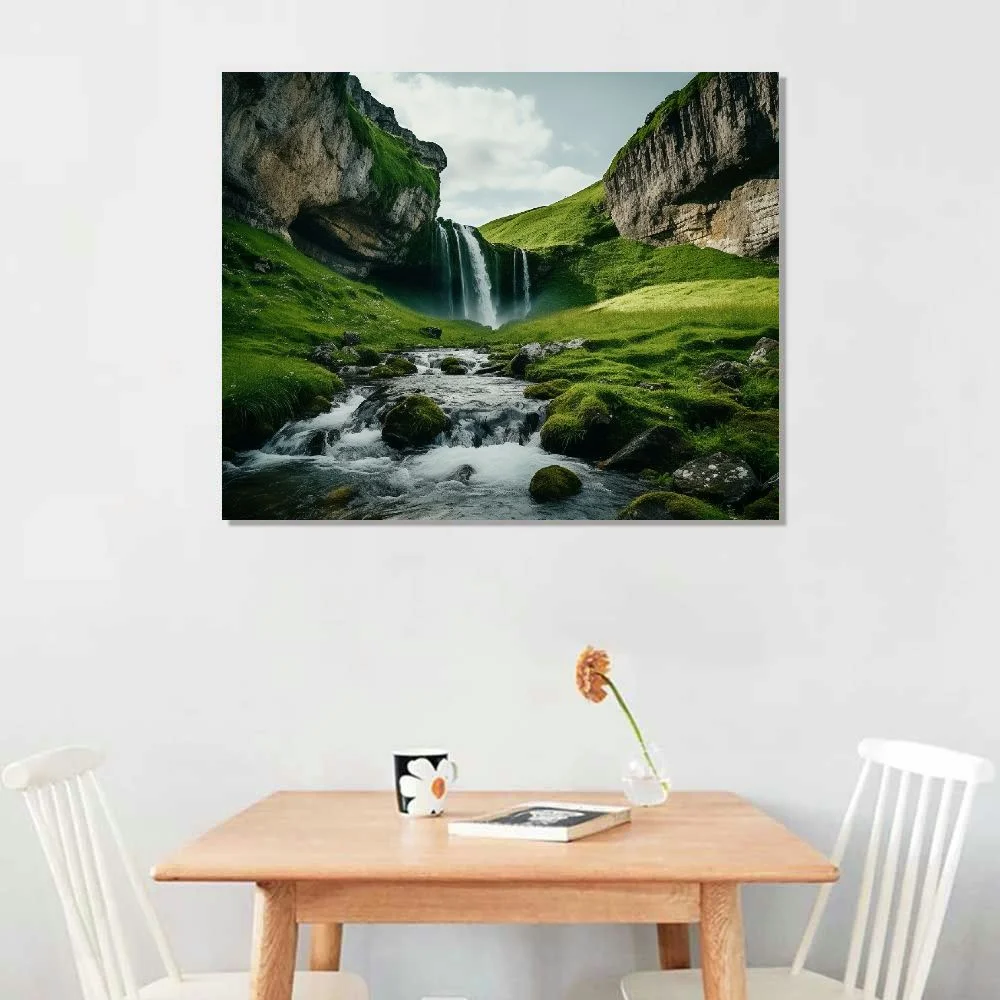 Nawypu  Canvas Print Wall Art Iceland Waterfall & Cottages Nature Wilderness Photography Realism Rustic Landscape Colorful Multicolor Ultra for Living Room, Bedroom, Office