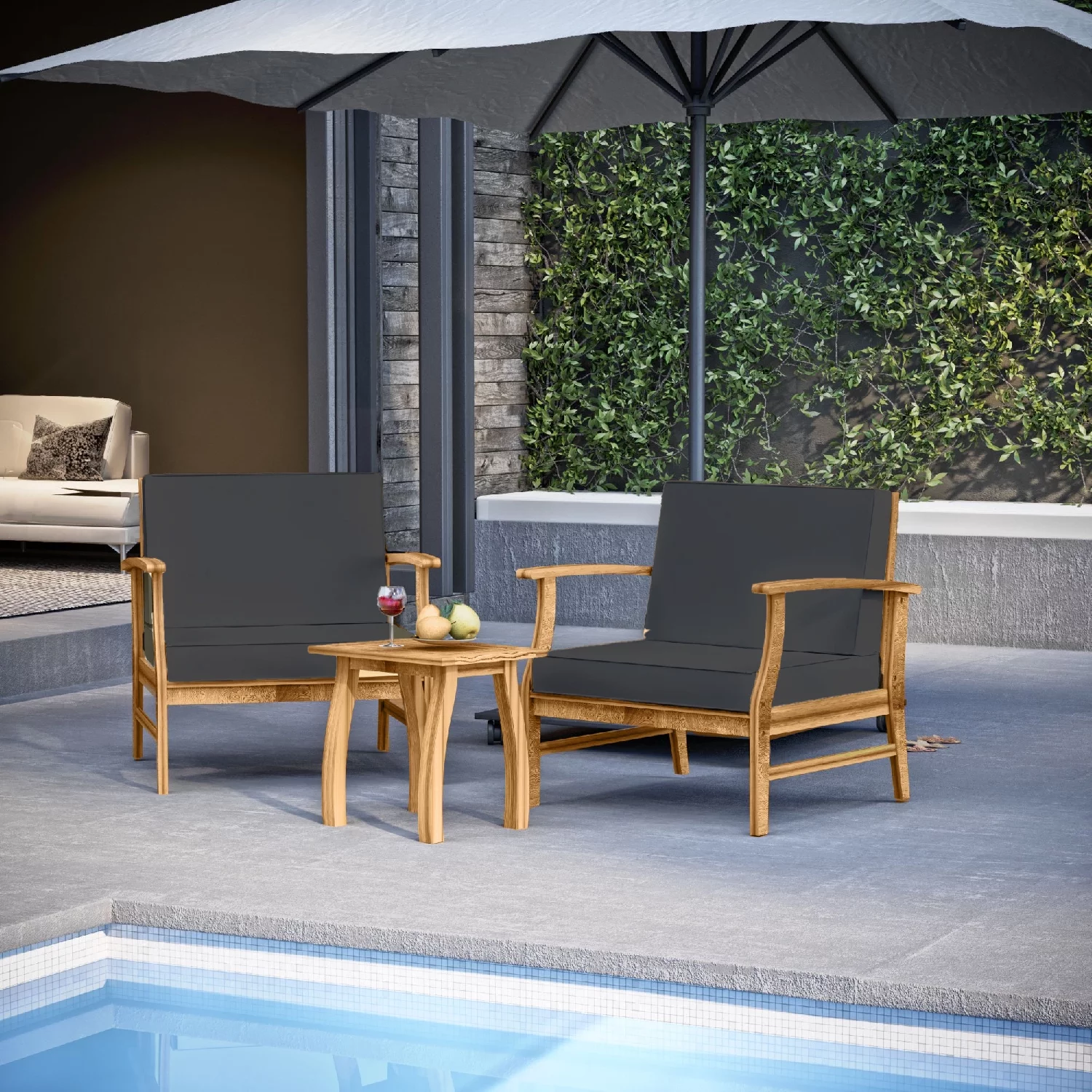 Hearth & Harbor 3 Piece Outdoor Furniture Acacia Wood Patio Bistro Set, Gray Cushions
