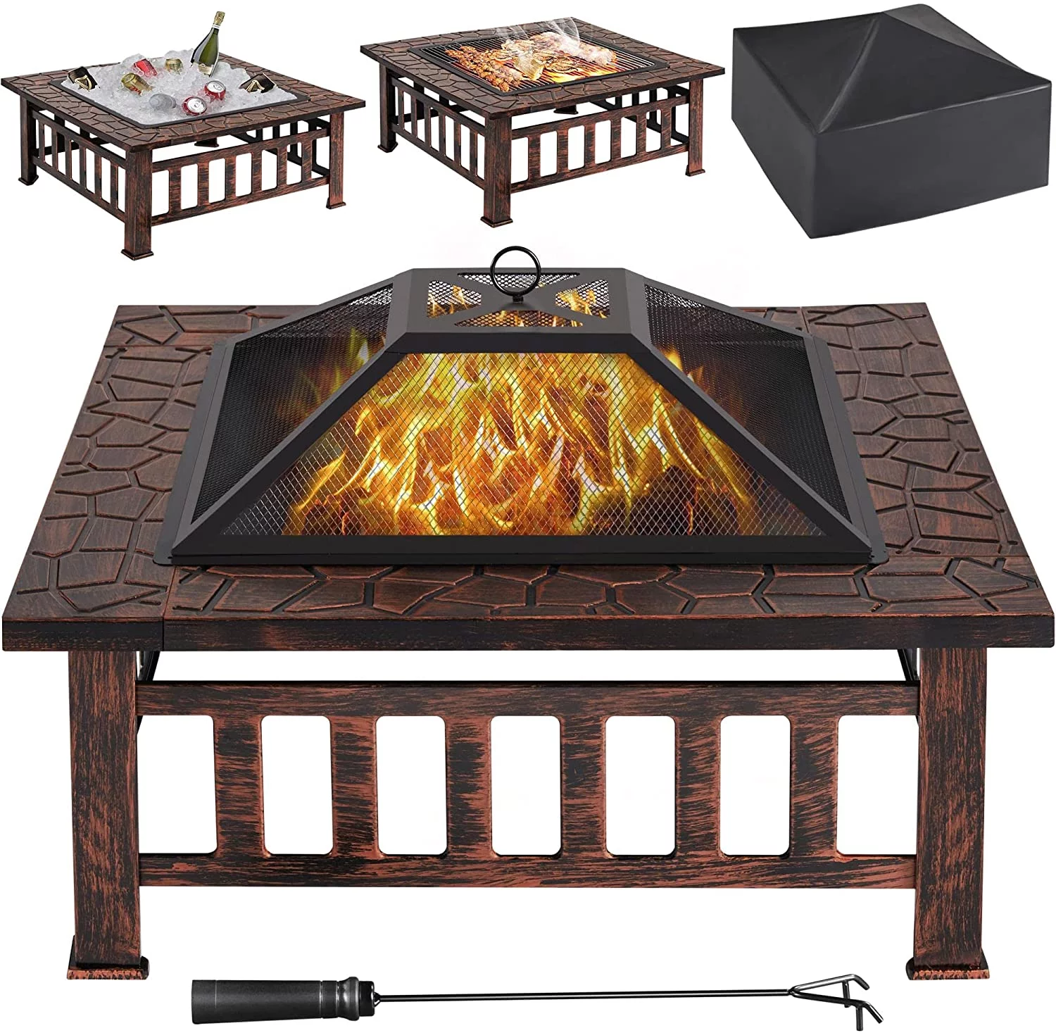 Fire Pit 34in Outdoor Fire Pits Fireplace Heater Stove with Screen, Waterproof Cover & Poker for BBQ Patio Bonfire