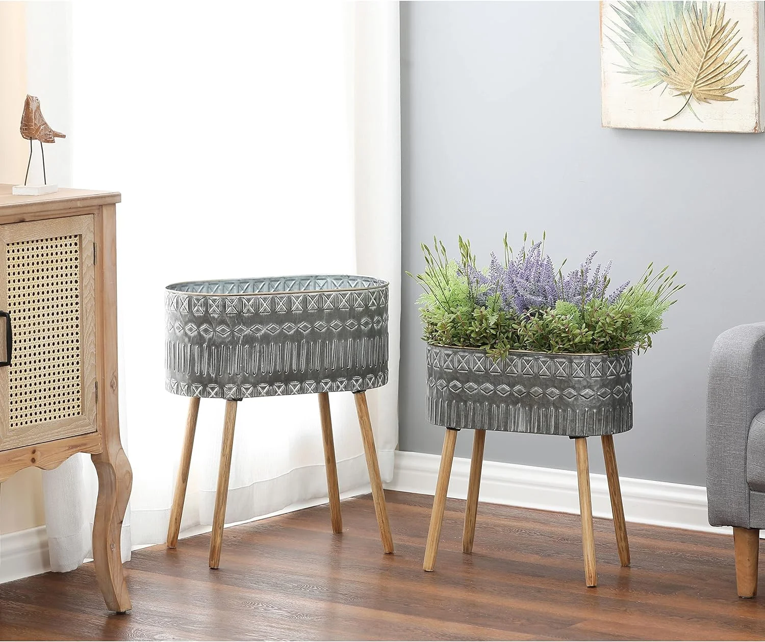 Two Piece Gray Metal Cache Pot Planters Grey Rustic Wood