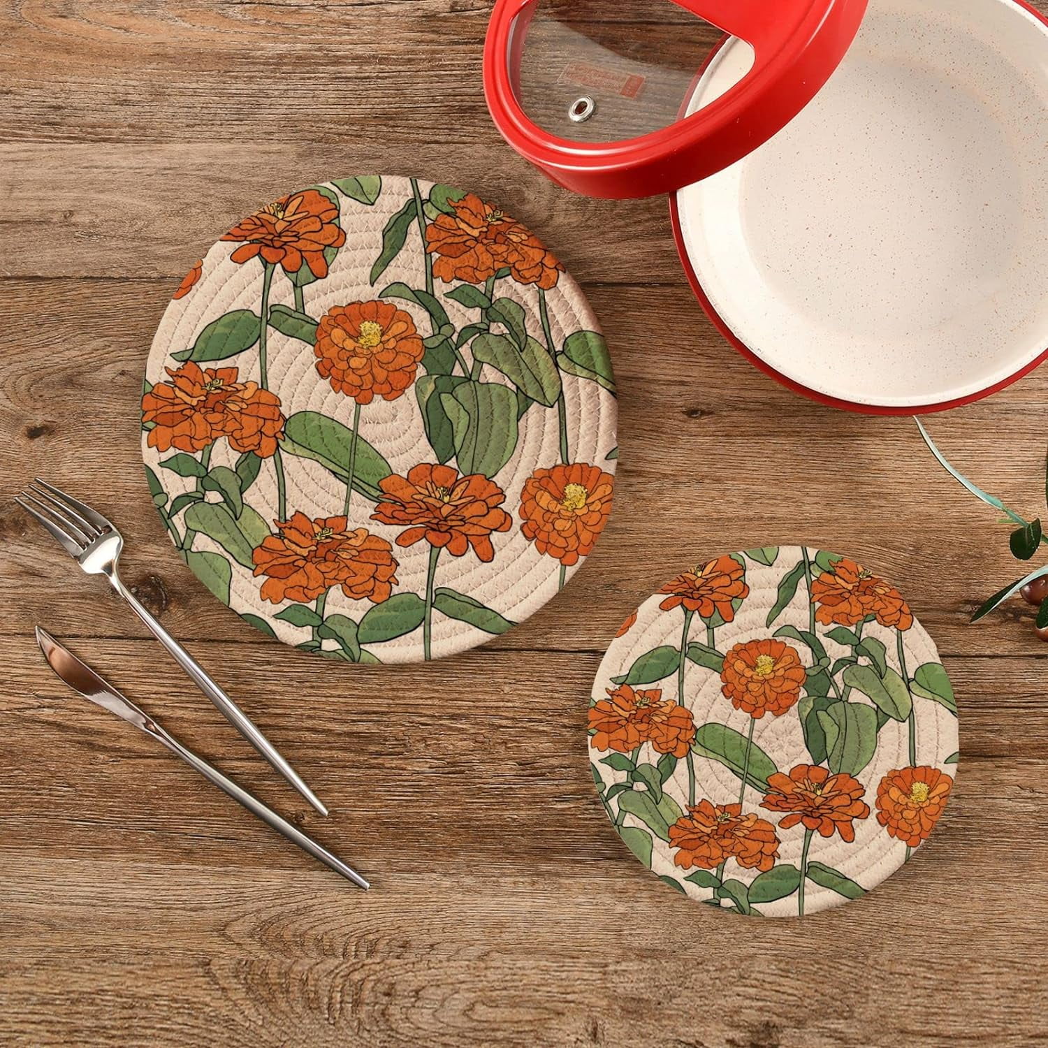 SKYSONIC Fall Flowers Colorful Pot Holders Trivets, 2 Pcs Heat Resistant Trivets,Autumn Zinnia Floral Cotton Thread Weave Mats for Hot Pads Pans Pot Bowl Teapot for Kitchen Decor