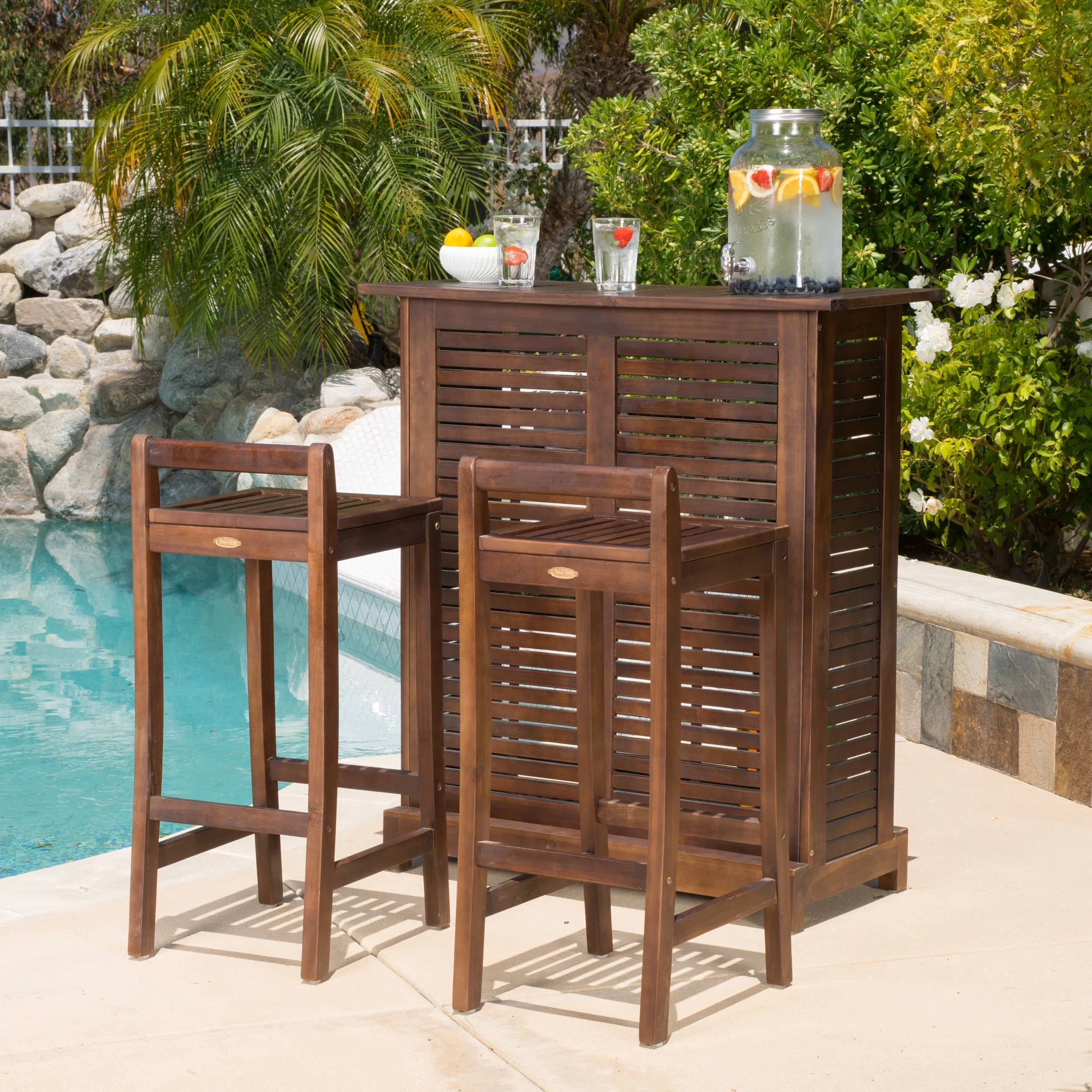 GDF Studio Marion Outdoor Acacia Wood 3 Piece Bar Set, Rich Mahogany