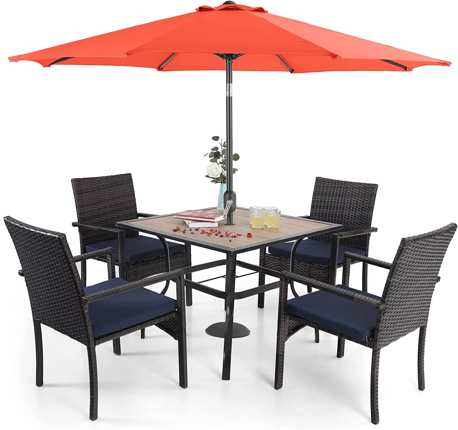 & William Outdoor 6 Pieces Dining Set with 4 Rattan Chairs  1 Wood-Like Metal Table and 1 10ft 3 Tier Auto-tilt Umbrella(No Base) Red  Modern Patio Furniture for Poolside  Porch  Pati