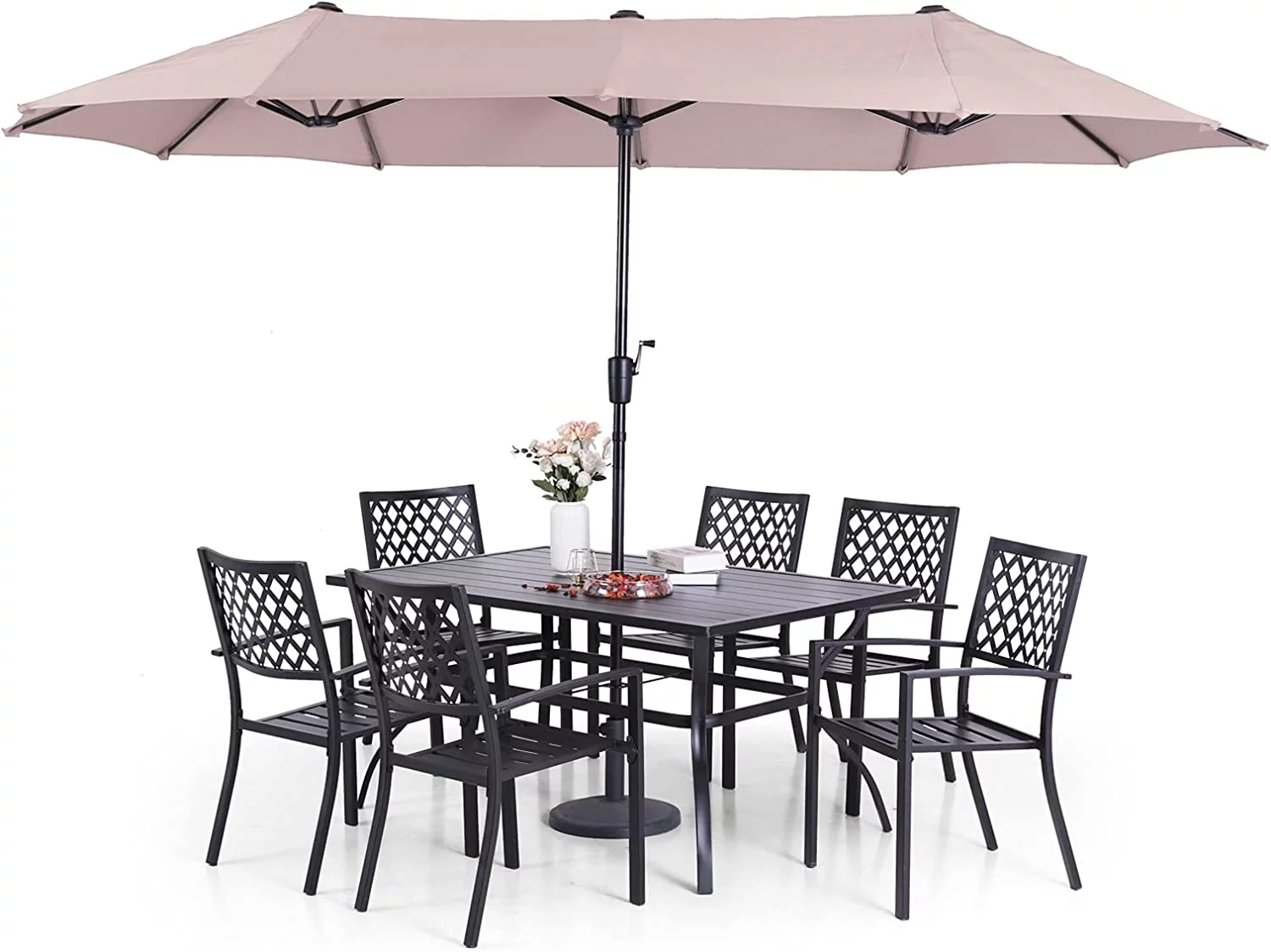 & William Patio Dining Set with 13ft Double-Sided Patio Umbrella  8 Piece Metal Outdoor Table Furniture Set with 6 Outdoor Stackable Chairs  1 Rectangle Dining Table and 1 Large Beige