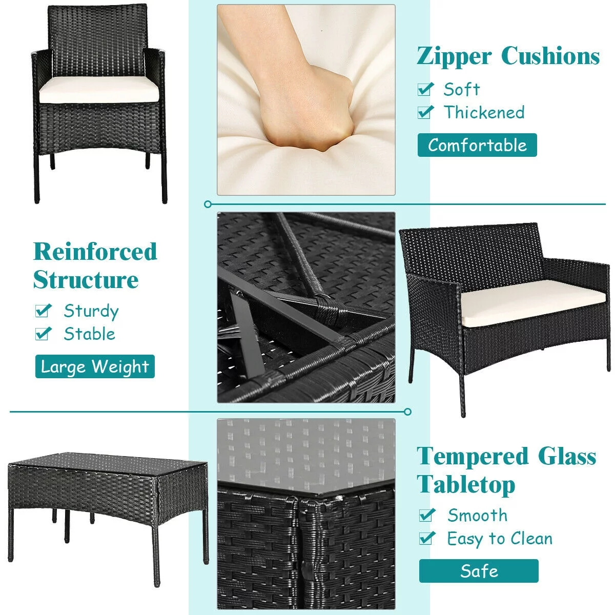 4-Piece Patio Conversation Sofa Set Rattan Wicker Sofa Set with Tempered Glass Coffee Table