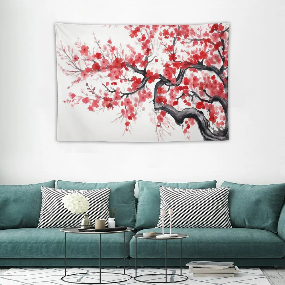 Fenyluxe Japanese Cherry BlossomTapestry, Anime Spring Plum Red Pink Floral Sakura Flower Tapestry Wall Hanging for Living Room Bedroom Dorm Decor, Asian Black and White Tapestry,60x40 Inch 60x40in