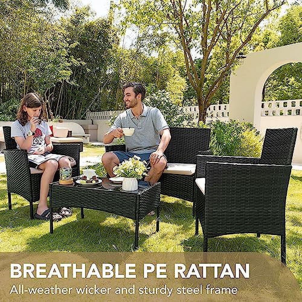 xrboomlife 4 Pieces Patio Porch  Sets PE Rattan Wicker Chairs Beige Cushion with Table Outdoor Garden Patio  Sets (Black)