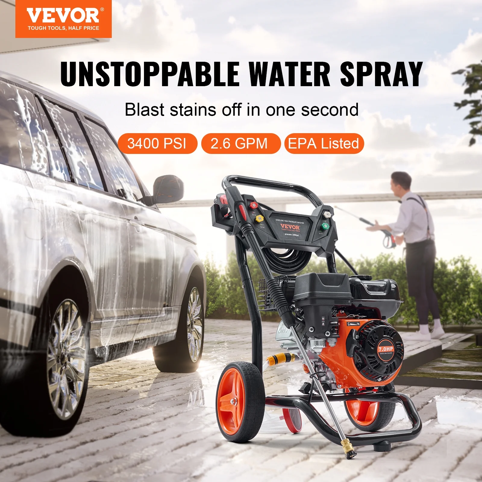 SKYSHALO 3400 PSI 2.6 GPM Gas Pressure Washer w/26 ft High Pressure Hose 5 Nozzles Gas Powered Washer