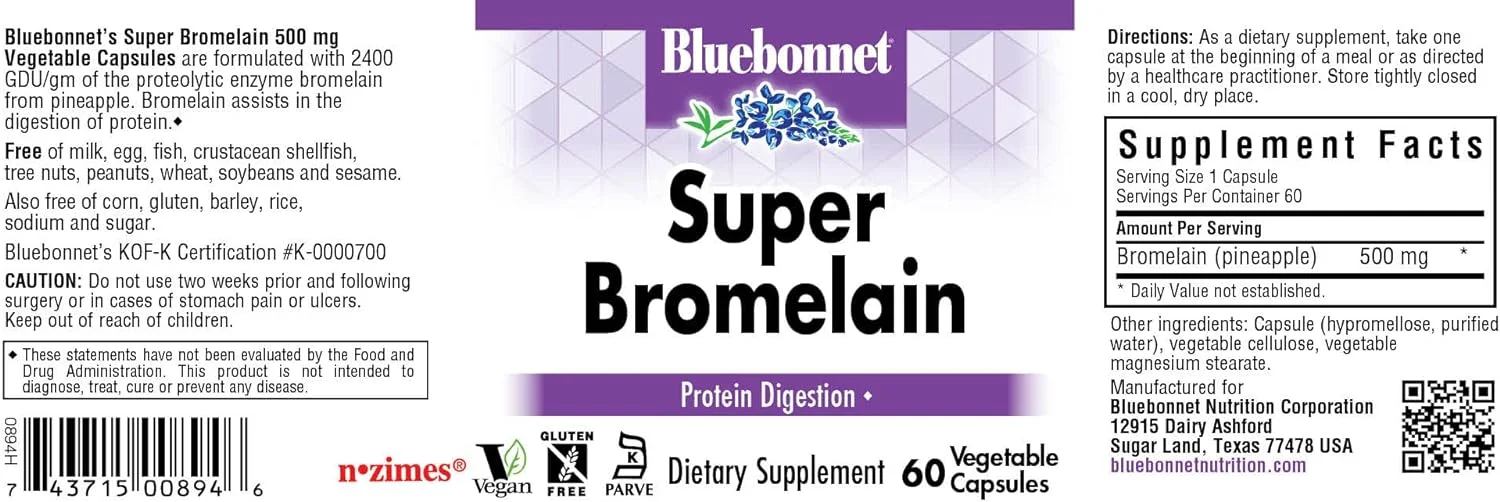 BlueBonnet Super Bromelain Vegetarian Capsules, 500 mg, 60 Count