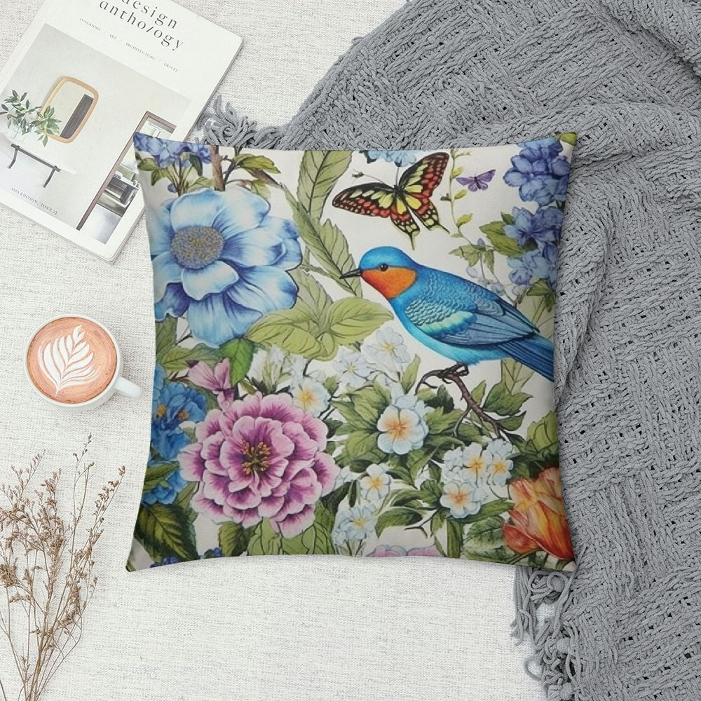 COMIO Decorative Throw Pillow Cover Cushion Case Watercolor Floral Vintage Pattern Flowers Birds Butterflies Peony Primrose Blue Hyacinth On Nature Pillow Cover for Sofa Bedroom