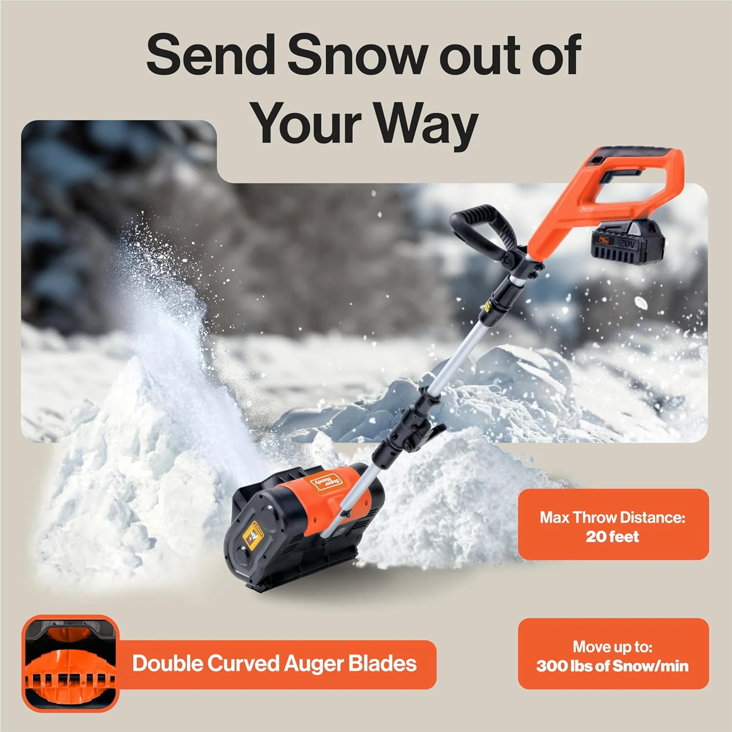 Open Box SuperHandy Snow Thrower Power Shovel 4Ah DC 20V Upgraded Design - ORANGE