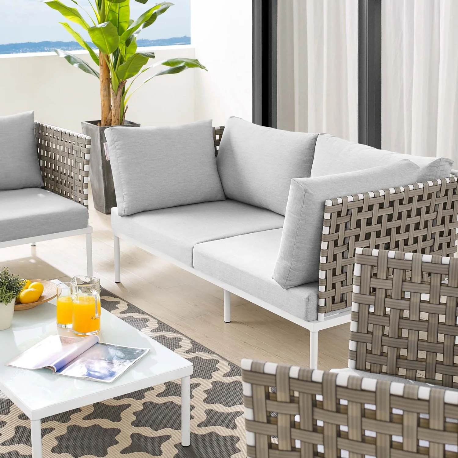 Lounge Sectional Sofa Table Set, Grey Gray, Aluminum Metal, Outdoor Patio Balcony Cafe Bistro Garden Hospitality Restaurant, Modern Contemporary HB33454