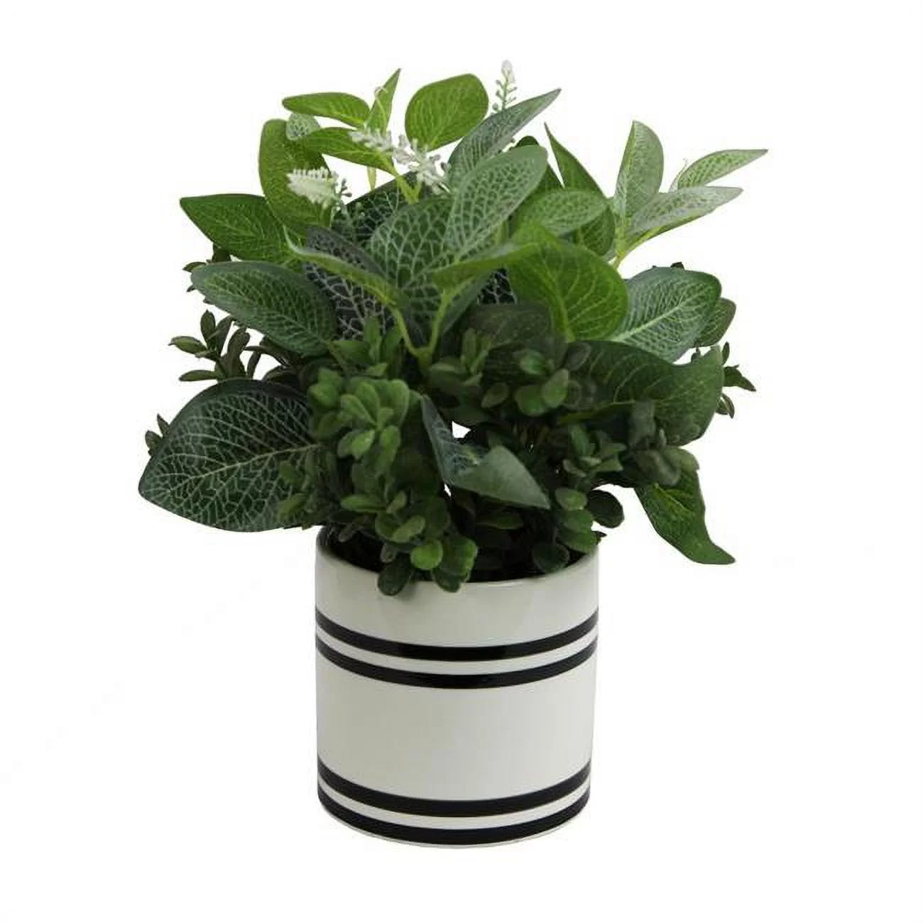 Admired by Nature  Artificial Mixed Garden Foliage Plant with Striped Ceramic Pot - Green