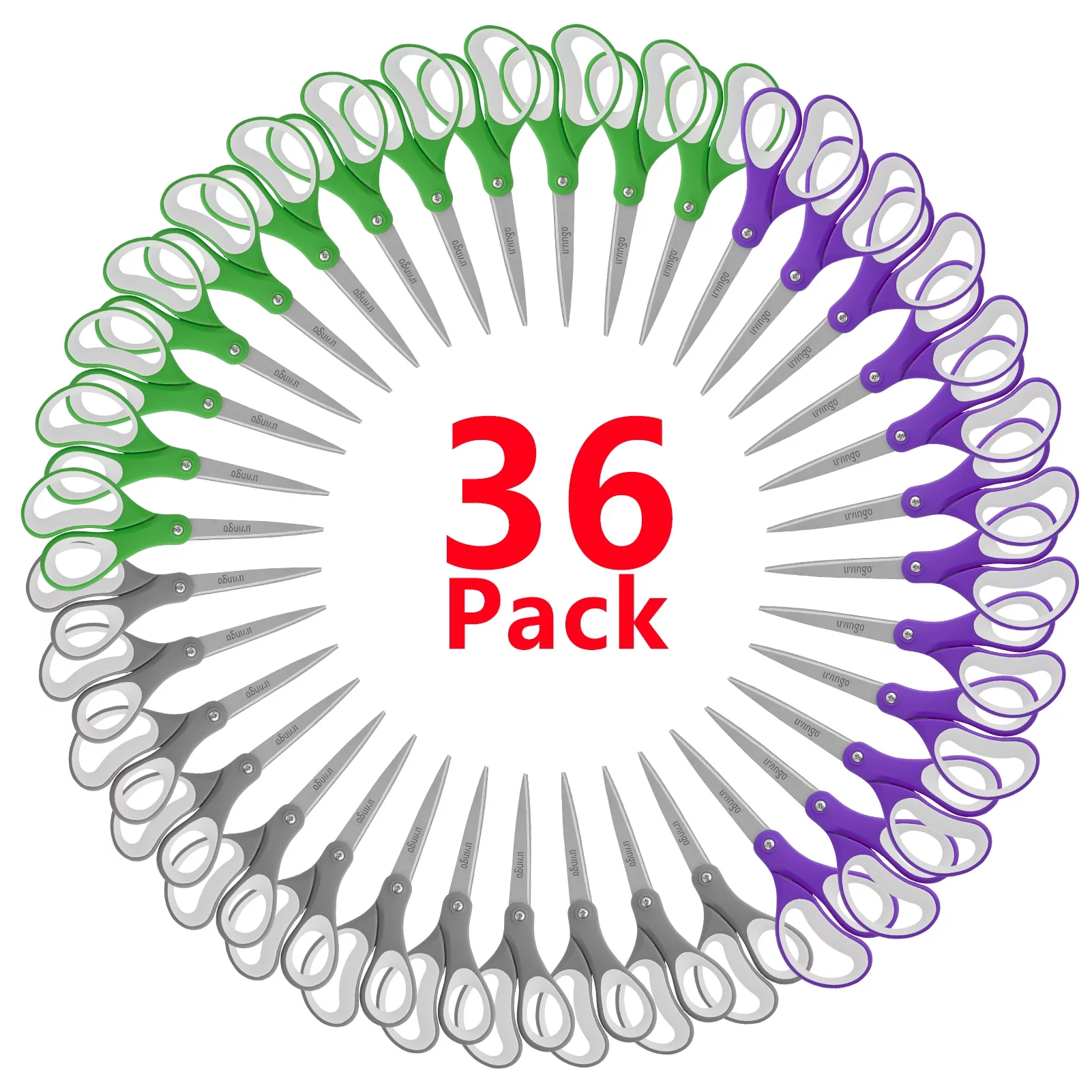 LIVINGO 36 Pack Office Scissors Bulk All Purpose 8” Sharp Shears Set Home School Sewing Crafting Purple Green Gray