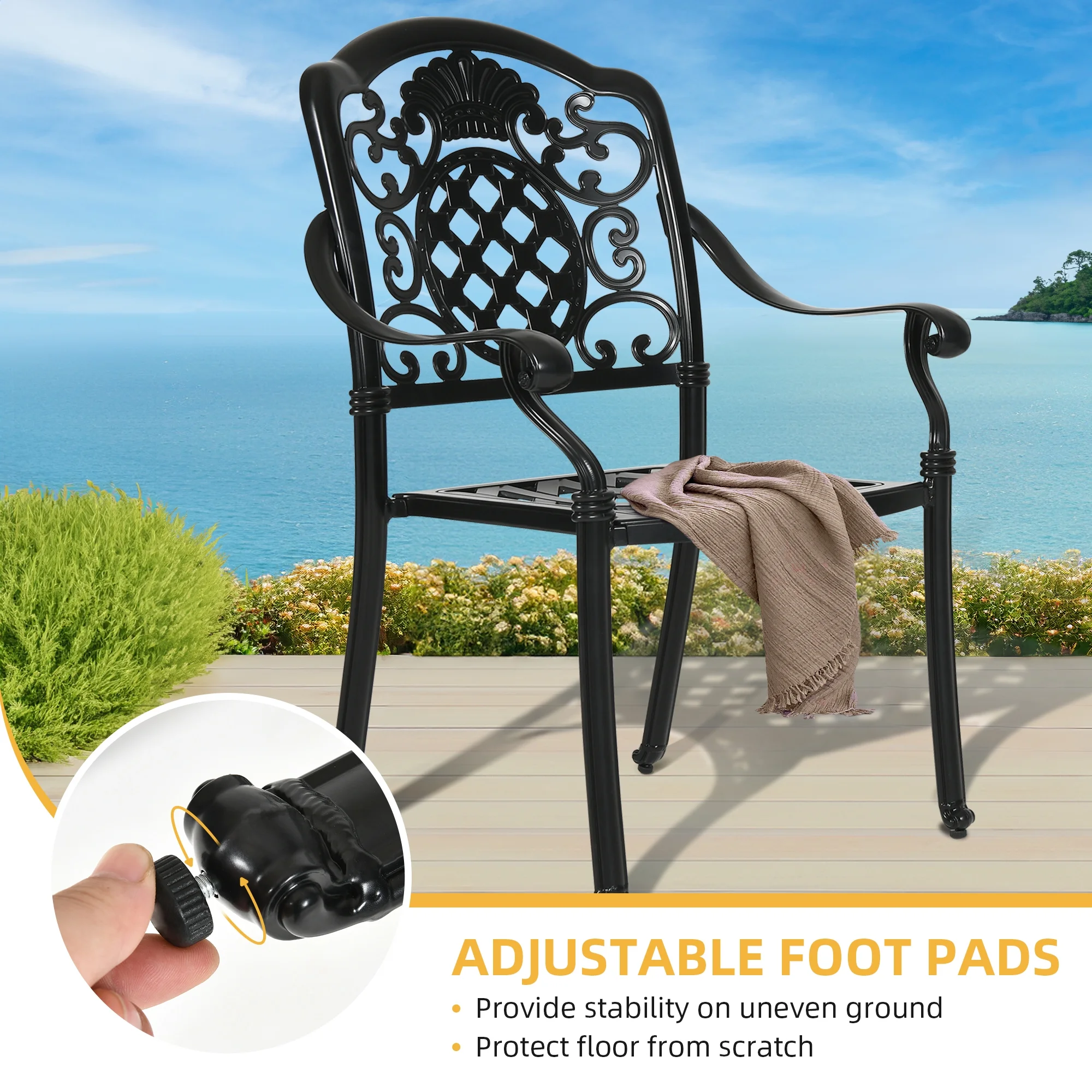 DWVO Set of 2 Cast Aluminum Dining Chairs Durable Solid Construction W/Armrest - Black