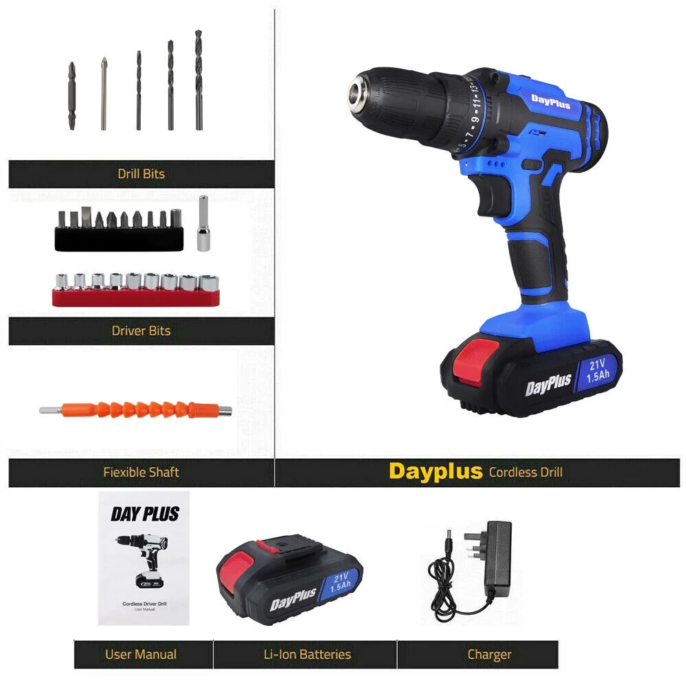 Bowoshen 2022 21V Portable Cordless Drill Li-Ion Electric Driver Kit Tool Repair+Battery