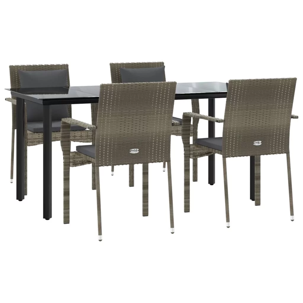 moobody 5 Piece Patio Dining Set with Cushions Black and Gray Poly Rattan