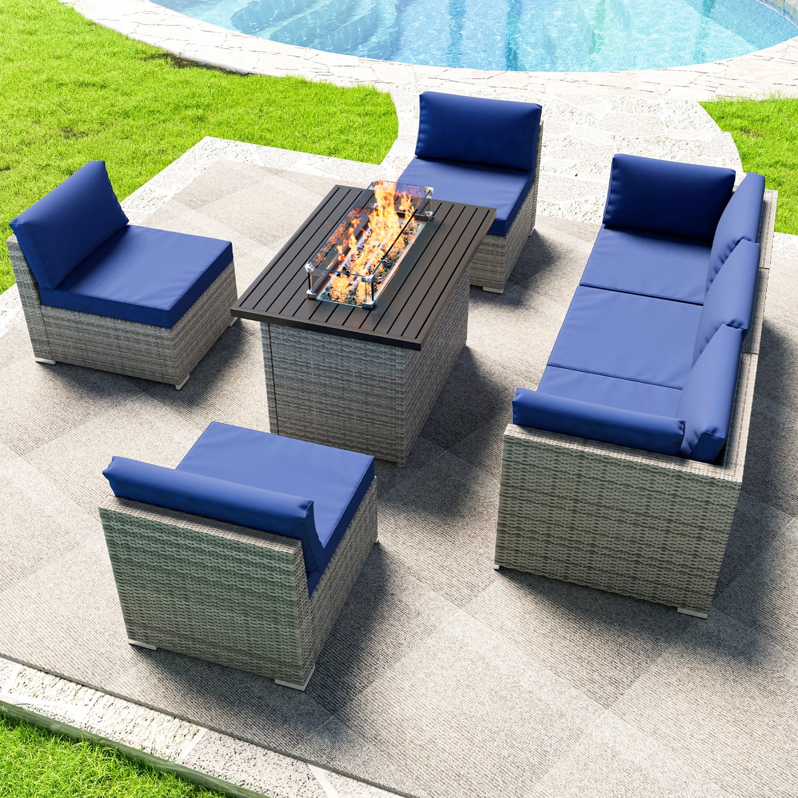 EAGLE PEAK 7 Piece Outdoor Wicker Patio Furniture Set with Fire Table, Outdoor PE Rattan Sectional Conversation Set with Seating for 6 People, Dark Blue