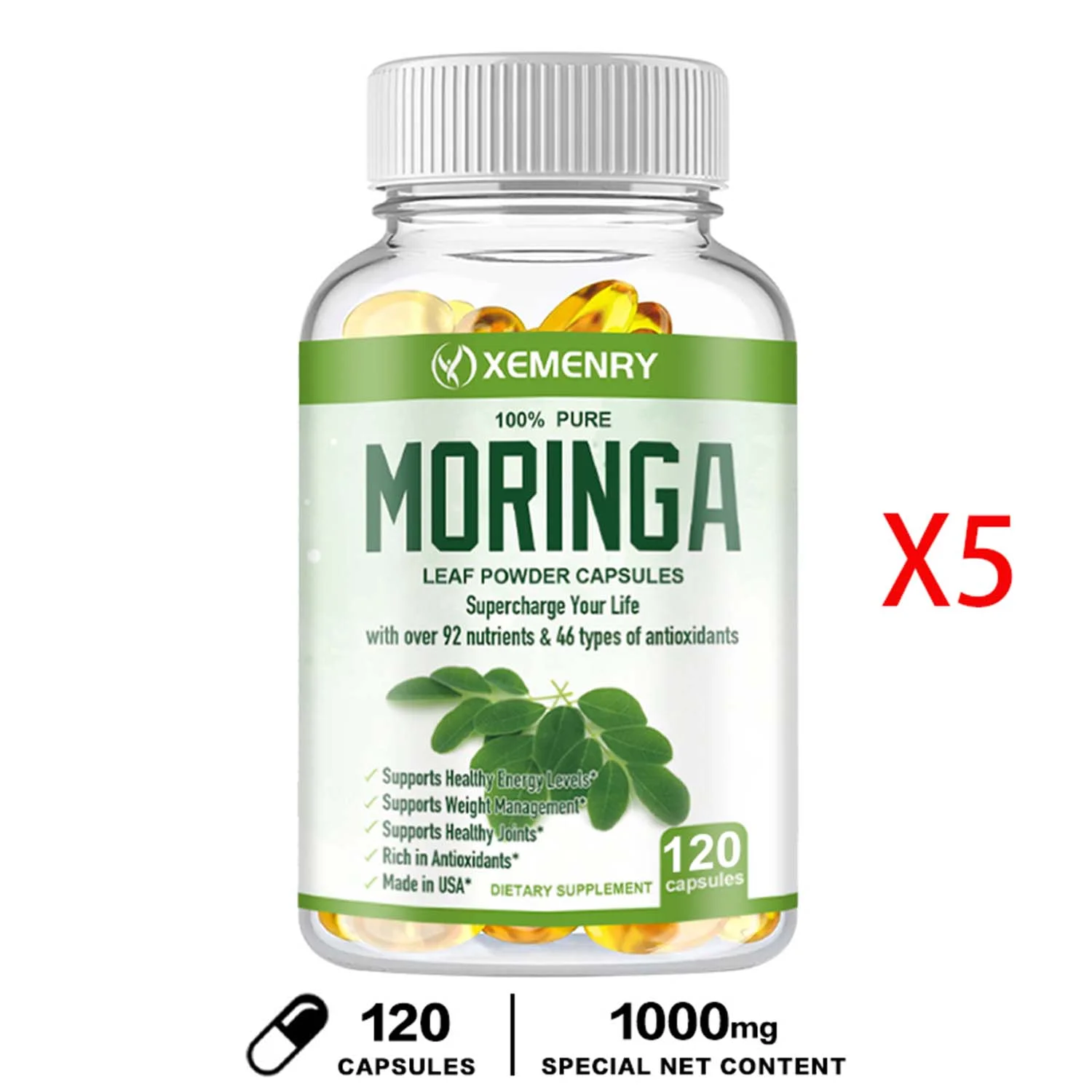 Xemenry Moringa Capsules 1000mg - Energy Boosting, Antioxidant, Immune Support 120pcs(1/3/5 Pack)