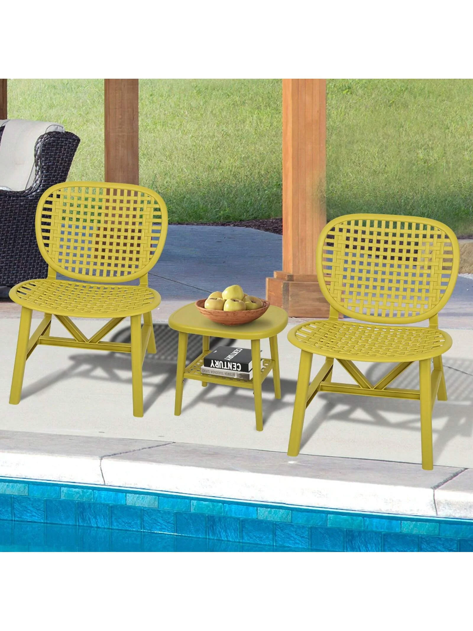 3 Pieces Hollow Design Patio Table Chair Set All Weather Conversation Bistro Set Outdoor Coffee Table with Open Shelf and Lounge Chairs with Widened Seat for Balcony Garden Yard Yellow