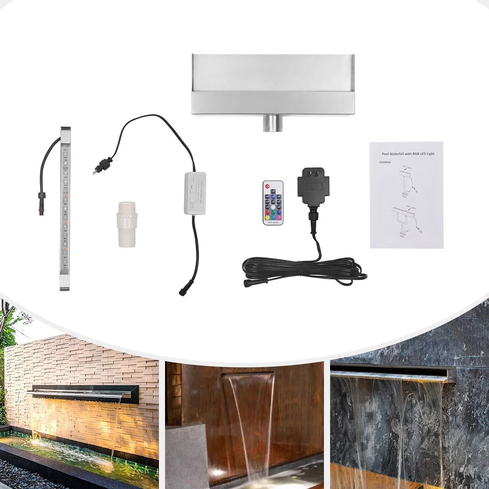 110V 12inch Pool Fountain Waterfall Spillway Multi-Color LED Light Strip with Remote for Garden, Yard, Patio, Rockery, Company Forecourt