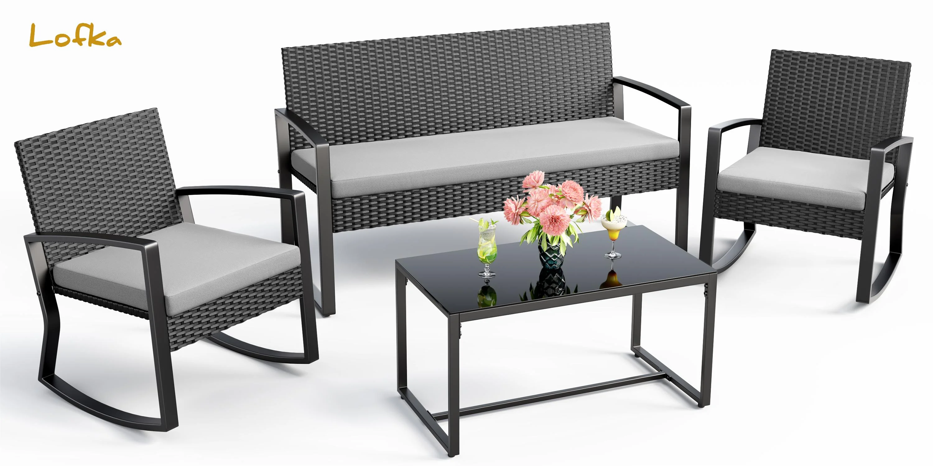 Lofka 4 PCS Patio Rocking Chairs Set, Patio Furniture Set with Glass Tabel and Rattan Frame for Porch, Balcony, Garden