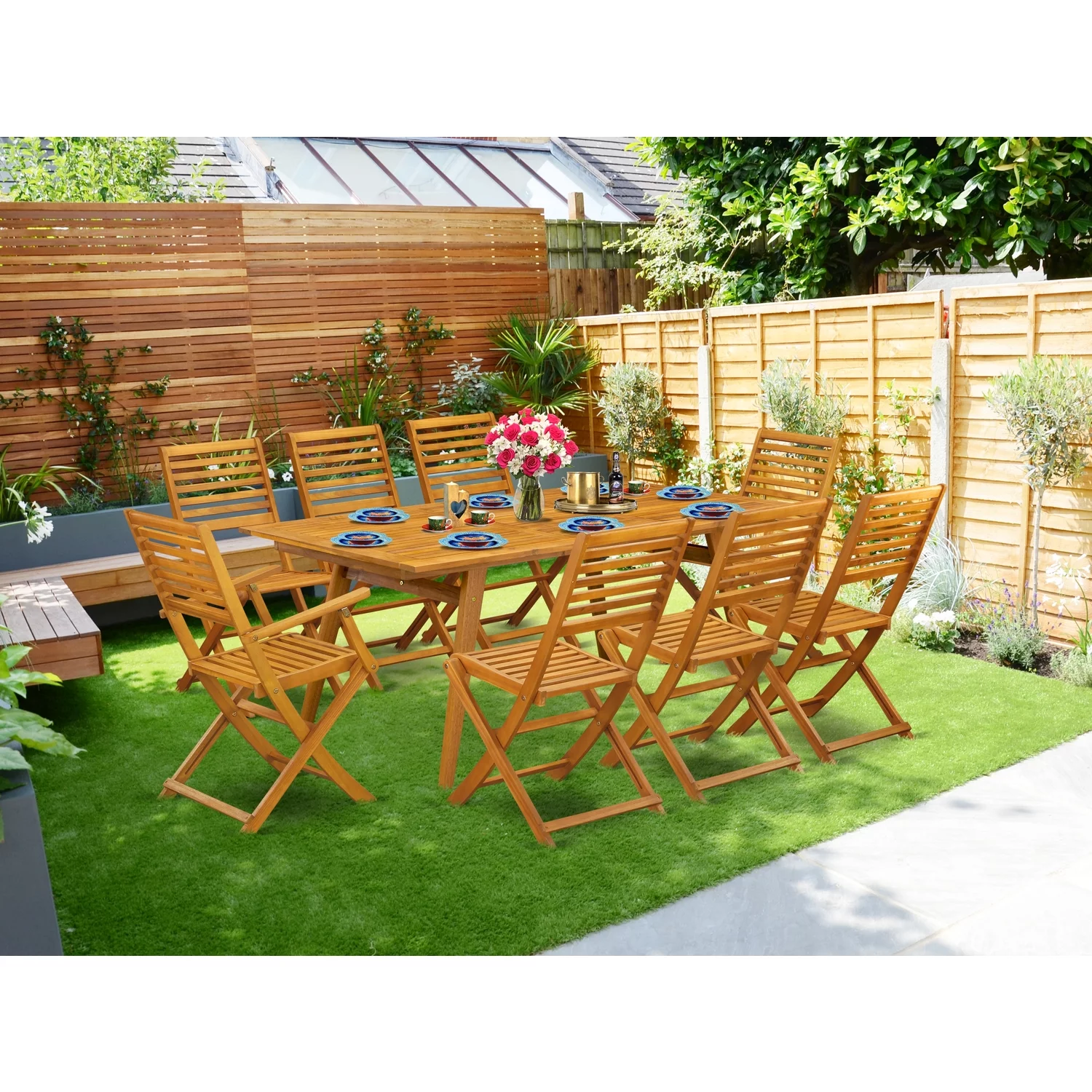 East West Furniture Denison 9-piece Wood Outdoor Dining Set in Natural Oil