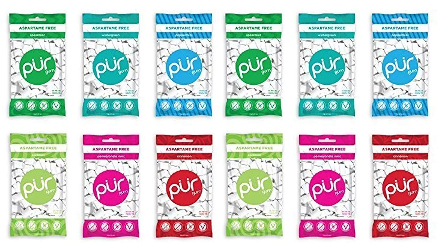 PUR Gum 6 Flavor Assortment Spearmint, Peppermint, Pomegranate Mint, Wintergreen, Cinnamon, Coolmint (Pack Of 12)