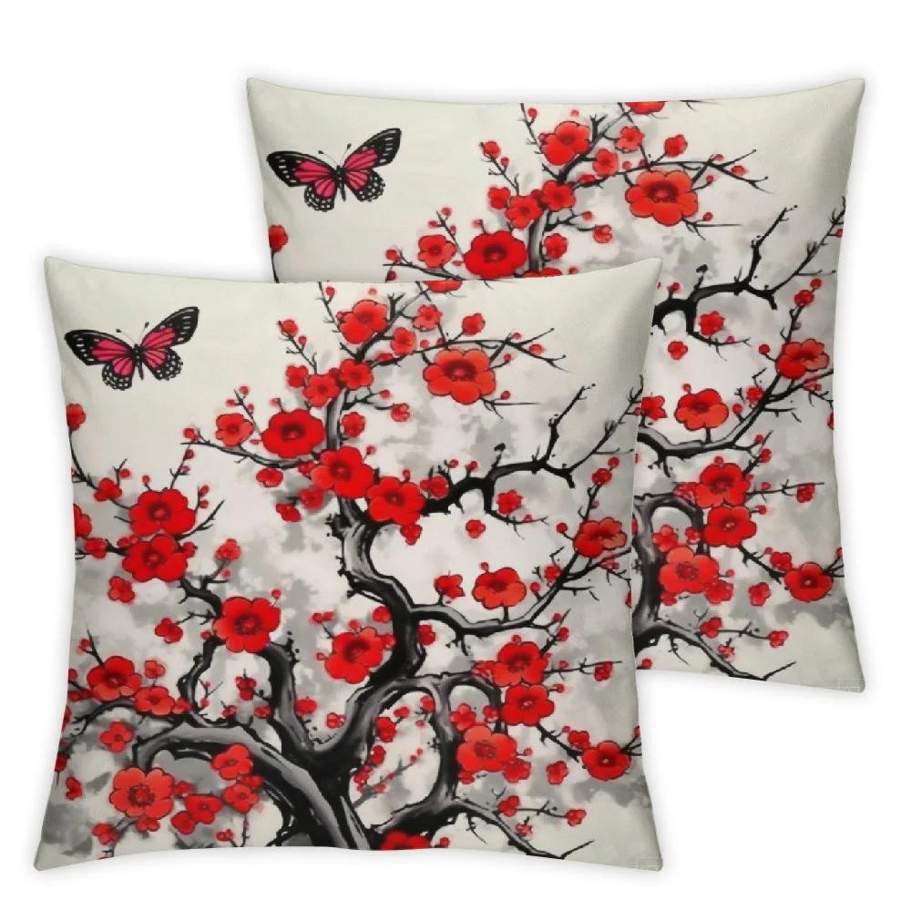COMIO  Plum Blossom Floral Throw Pillow Cover Set of 2 Cases Branch Foliage Butterfly Cherry Japanese Blossom Ink China Culture Classic Outdoor Decor Pillowcase Home Square