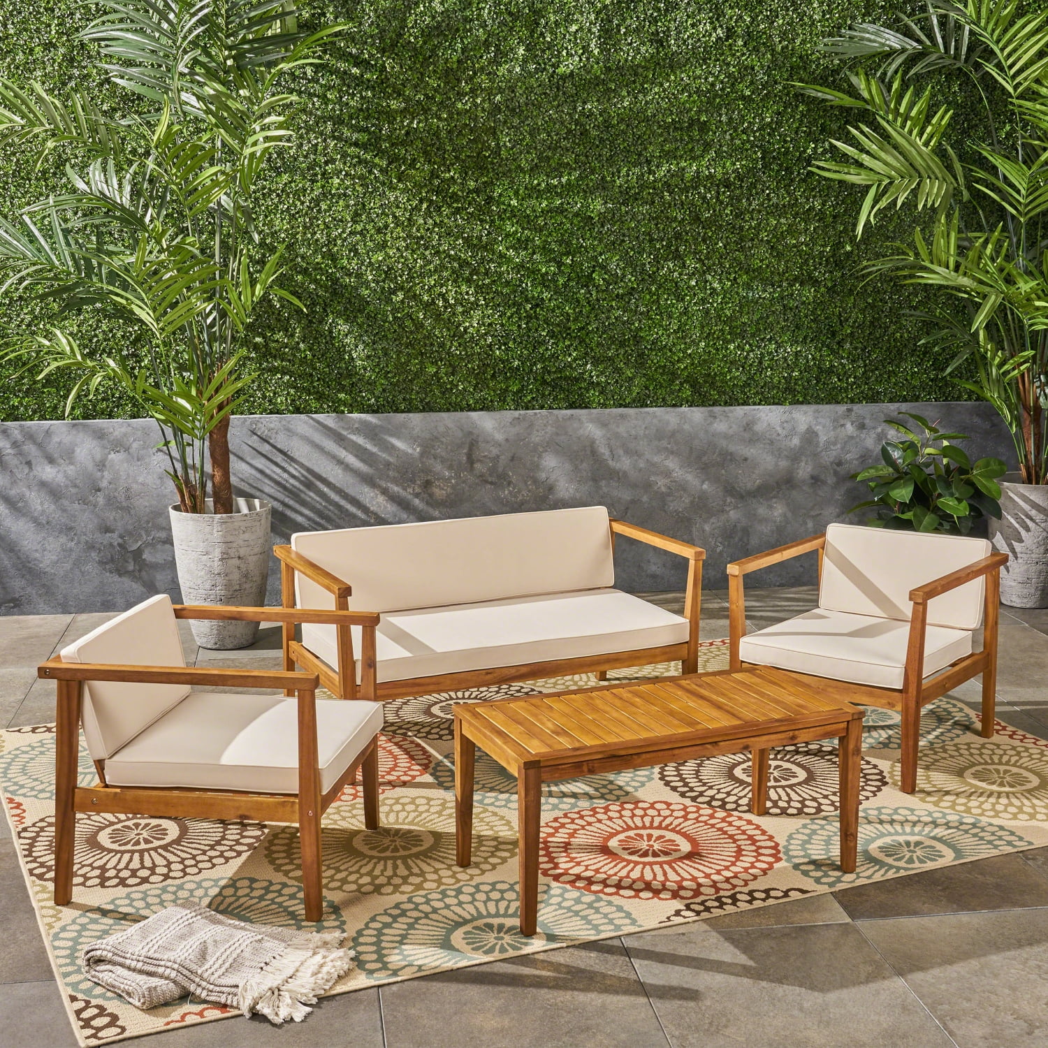 Teak and Beige Outdoor 4-Seater Acacia Wood Chat Set with Cushions and Coffee Table - Durable  Stylish Patio Furniture for Relaxation and Entertainment in the Open Air