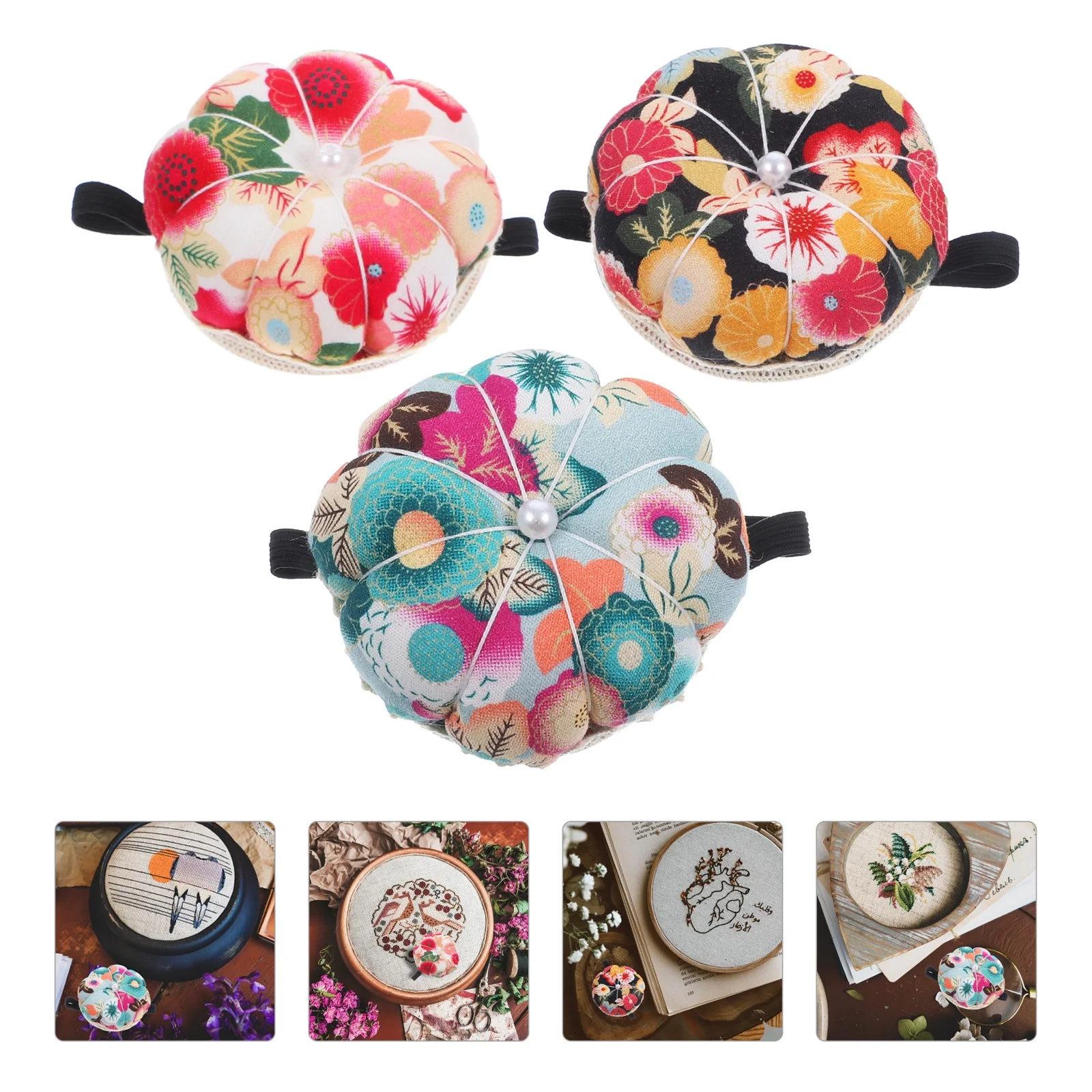 Qumonin 3pcs Vintage Floral Pumpkin Pin Cushion Wristband for Sewing and Quilting