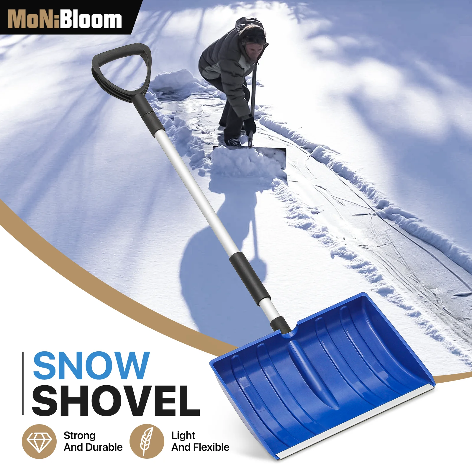 MoNiBloom Snow Shovel, Portable Wide Snow Pusher with D-Grip Handle, 16