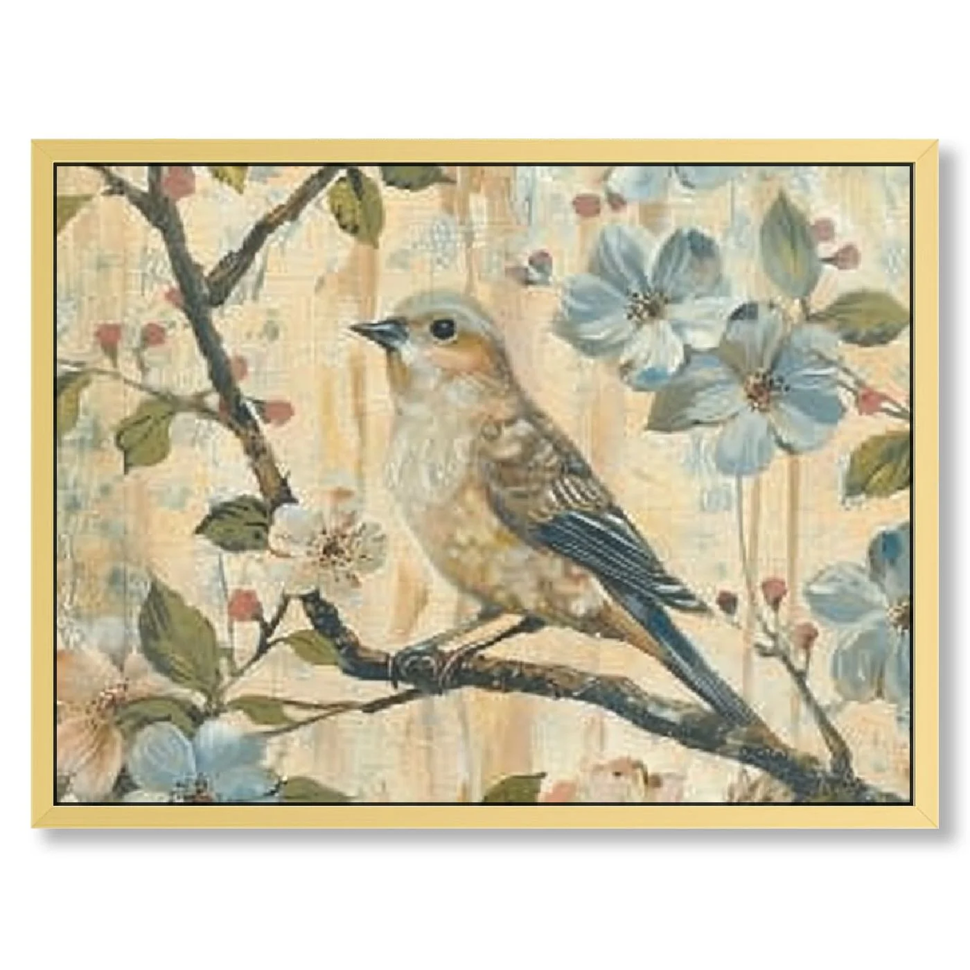 Cherry Blossom Tree Picture Framed: Flower Artwork Botanical Painting Bird Animal on the Branch Wood Print for Bedroom