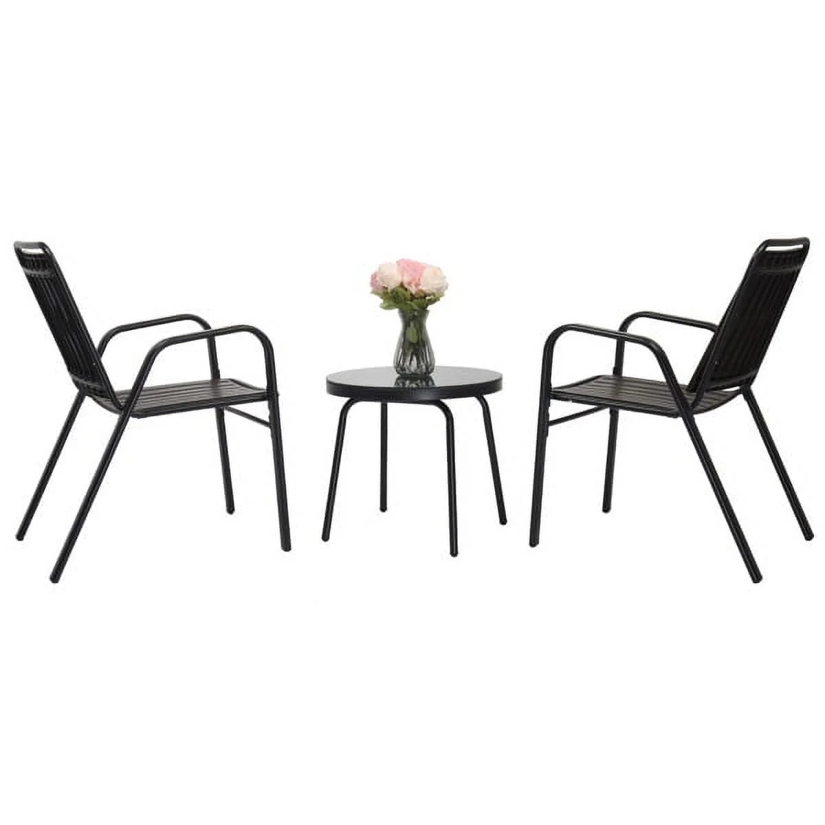 SYTHERS 3-Piece Outdoor Furniture Set with Stackable Patio Dining Chairs and Glass Table, Patio Bistro Table Set for Yard Balcony Porch, Black and Coffee