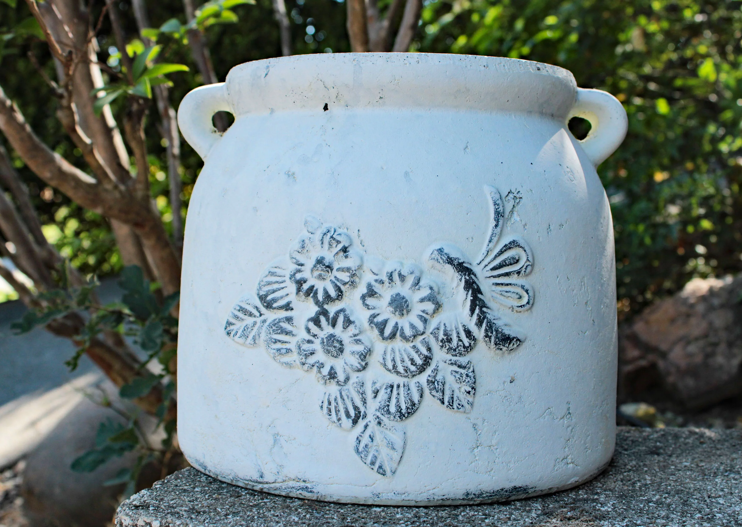 Heavy Hand Pressed Ancient Stressed Round Flower Pot or Planter with Loop Handles 2 colors available, Vintage white