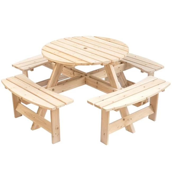 Wooden Outdoor Patio Garden Round Picnic Table with Bench, 8 Person, Natural